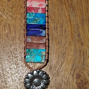 Multicolor Stone Bracelet with Silver Flower Charm Adjustable